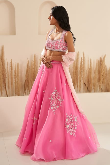 Buy_Zoon_Pink , Silk Cut Work, Sequins, Cutdana Floral Lehenga Set _Online_at_Aza_Fashions