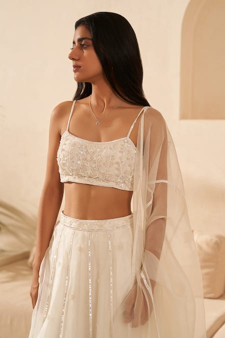 Zoon_Off White Net, Silk Organza Embroidery, Sequins, Cut Work Scoop Neck Lehenga Set _Online_at_Aza_Fashions