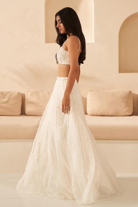 Buy_Zoon_Off White Net, Silk Organza Embroidery, Sequins, Cut Work Scoop Neck Lehenga Set _Online_at_Aza_Fashions