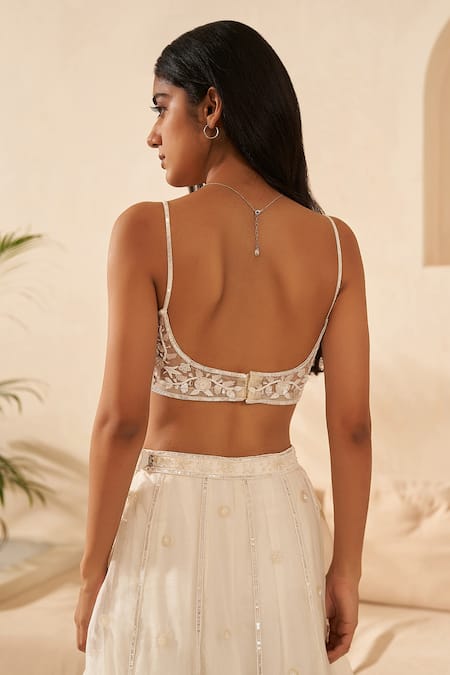 Zoon_Off White Net, Silk Organza Embroidery, Sequins, Cut Work Scoop Neck Lehenga Set _at_Aza_Fashions