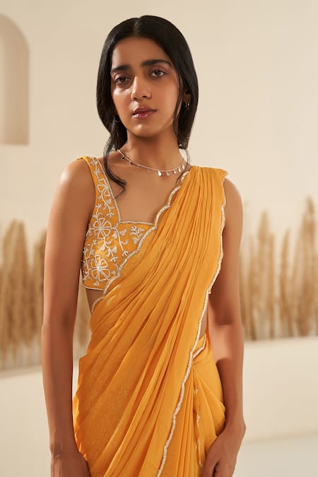 Buy_Zoon_Yellow Georgette Beads, Embroidery, Applique Pre-draped Saree With Hand Blouse _Online_at_Aza_Fashions