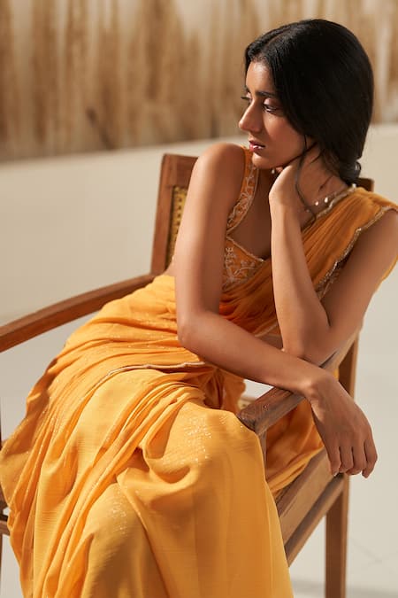 Shop_Zoon_Yellow Georgette Beads, Embroidery, Applique Pre-draped Saree With Hand Blouse _Online_at_Aza_Fashions