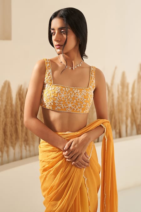 Zoon_Yellow Georgette Beads, Embroidery, Applique Pre-draped Saree With Hand Blouse _at_Aza_Fashions