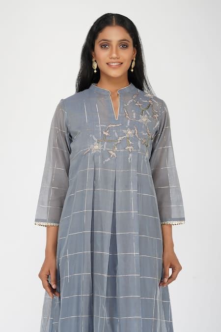 Buy_OMI_Blue Chanderi Sequins Mandarin Collar Chequered Pattern Kurta And Pant Set_Online_at_Aza_Fashions