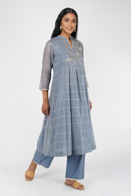 Shop_OMI_Blue Chanderi Sequins Mandarin Collar Chequered Pattern Kurta And Pant Set_Online_at_Aza_Fashions