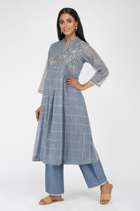 OMI_Blue Chanderi Sequins Mandarin Collar Chequered Pattern Kurta And Pant Set_at_Aza_Fashions