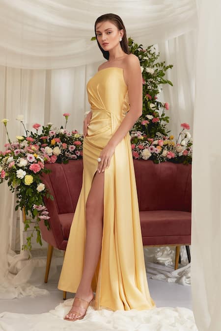 Buy_Zosia_Yellow Luxury Crush Satin Asymmetric Iris Draped Dress _Online_at_Aza_Fashions