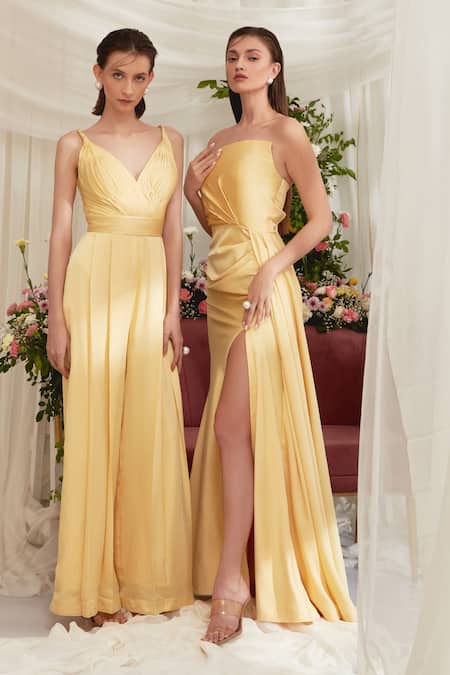 Zosia Yellow Luxury Crushed Satin Plunge V Hestia Pleated Jumpsuit Online at Aza Fashions Zosia_Yellow Luxury Crushed Satin Plunge V Hestia Pleated Jumpsuit_Online_at_Aza_Fashions