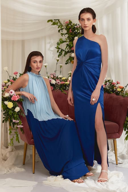 Zosia_Blue Luxury Crepe Satin One Shoulder Aurora Draped Dress _Online_at_Aza_Fashions