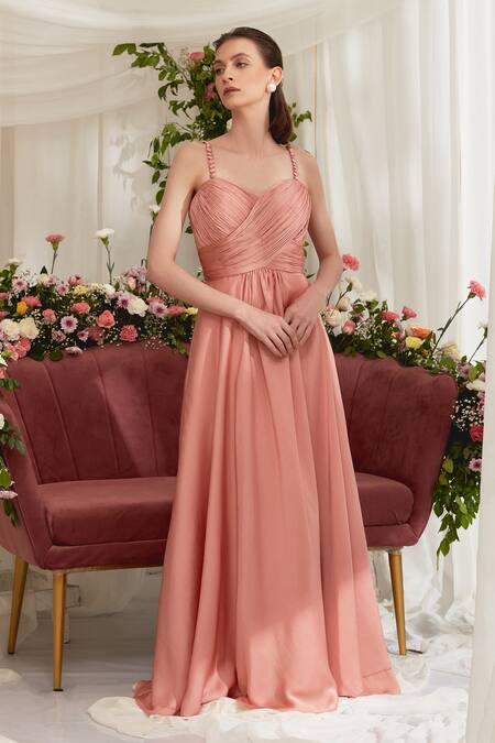 Buy Peach Luxury Crepe Satin Plain Sweetheart Neck Aria Ruched