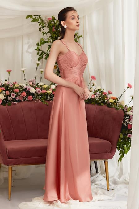 Buy Peach Luxury Crepe Satin Plain Sweetheart Neck Aria Ruched