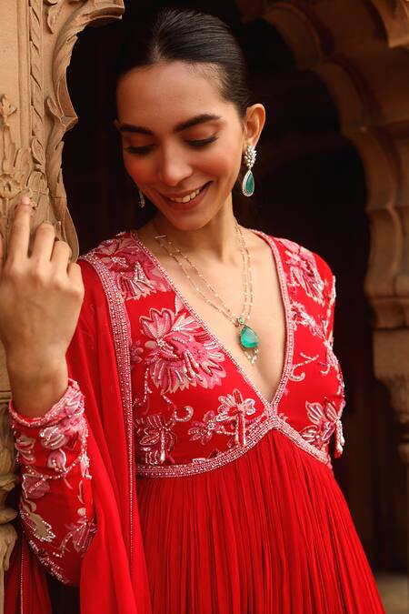 Buy_Dheeru Taneja_Red Georgette Embroidery, Beads Plunge Zoya Floral Print Anarkali With Dupatta _Online_at_Aza_Fashions