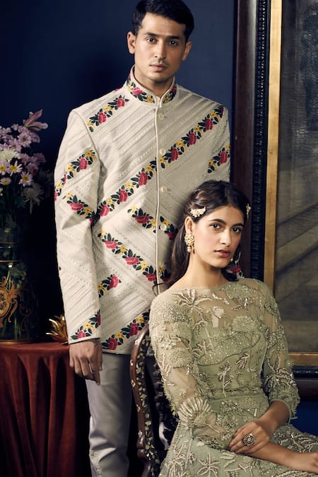 Sahil Kochhar_Green Soft Net Embroidered 3d Appliques Zahir Short Anarkali Set  _Online_at_Aza_Fashions