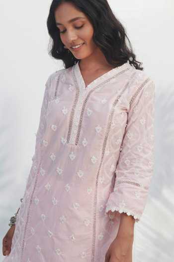 Mulmul_Pink 100% Pure Mulmul Embroidered And Zarani Kurta & Gharara Set _Online_at_Aza_Fashions