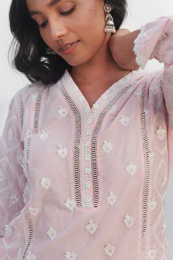 Buy_Mulmul_Pink 100% Pure Mulmul Embroidered And Zarani Kurta & Gharara Set _Online_at_Aza_Fashions