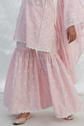 Shop_Mulmul_Pink 100% Pure Mulmul Embroidered And Zarani Kurta & Gharara Set _Online_at_Aza_Fashions