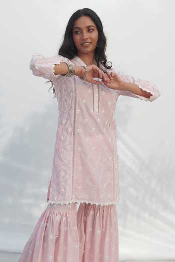 Mulmul_Pink 100% Pure Mulmul Embroidered And Zarani Kurta & Gharara Set _at_Aza_Fashions