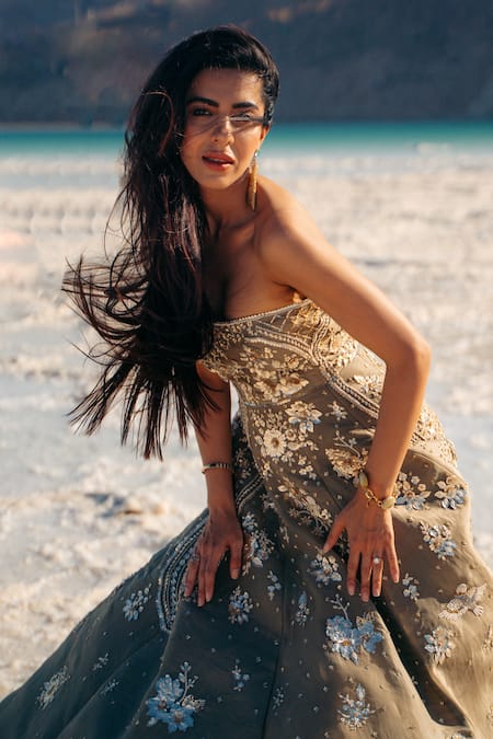 Sahil Kochhar_Green Organza Embroidery Round Neck Floral Gown _Online_at_Aza_Fashions