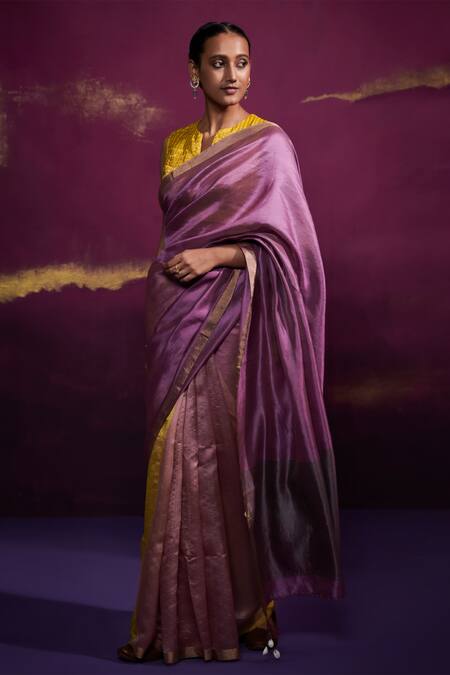 Dressfolk_Purple Pure 100% Handloom Silk Hand Color Blocked Saree With Running Blouse_Online_at_Aza_Fashions