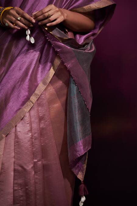 Buy_Dressfolk_Purple Pure 100% Handloom Silk Hand Color Blocked Saree With Running Blouse_Online_at_Aza_Fashions
