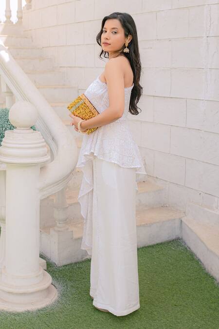 Monk & Mei By Sonia Anand White Georgette Pearls Asymmetric Embroidered One Shoulder Top And Palazzo Set Online at Aza Fashions Monk & Mei By Sonia Anand_White Georgette Pearls Asymmetric Embroidered One Shoulder Top And Palazzo Set _Online_at_Aza_Fashions