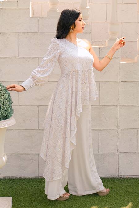 Buy Monk & Mei By Sonia Anand White Georgette Pearls Asymmetric Embroidered One Shoulder Top And Palazzo Set Online at Aza Fashions Buy_Monk & Mei By Sonia Anand_White Georgette Pearls Asymmetric Embroidered One Shoulder Top And Palazzo Set _Online_at_Aza_Fashions