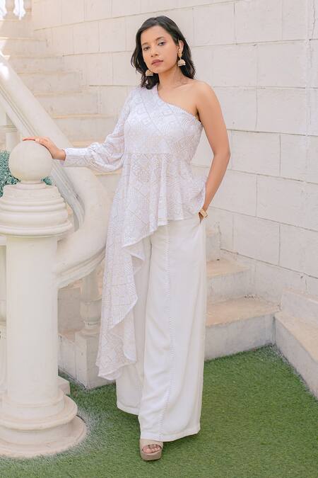 Monk & Mei By Sonia Anand White Georgette Pearls Asymmetric Embroidered One Shoulder Top And Palazzo Set at Aza Fashions Monk & Mei By Sonia Anand_White Georgette Pearls Asymmetric Embroidered One Shoulder Top And Palazzo Set _at_Aza_Fashions