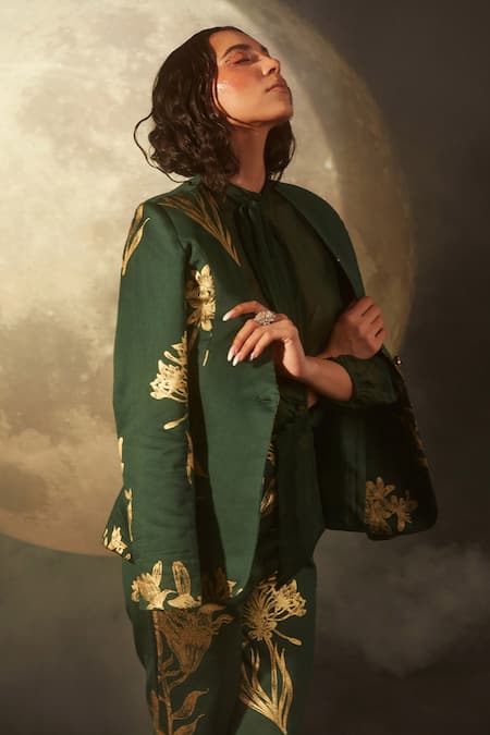 Buy Dohr India Green Silk, Organza, Cotton Foil Printing Open Neck Blazer And Pant Set Online at Aza Fashions Buy_Dohr India_Green Silk, Organza, Cotton Foil Printing Open Neck Blazer And Pant Set _Online_at_Aza_Fashions