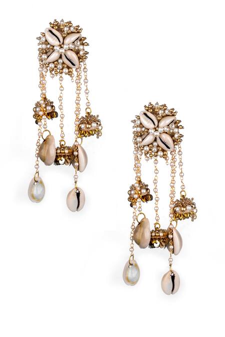 Shop Kanyaadhan By Dhirajaayushi White Sequins, Beads, Diamonds Shell Drop Dangler Earrings at Aza Fashions Shop_Kanyaadhan By Dhirajaayushi_White Sequins, Beads, Diamonds Shell Drop Dangler Earrings _at_Aza_Fashions