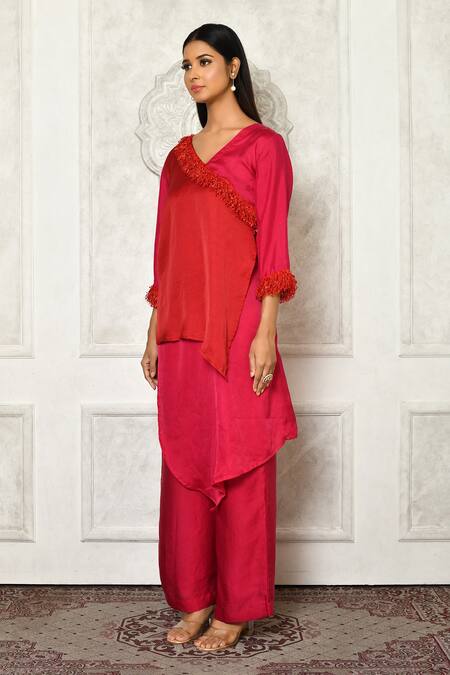 Aryavir Malhotra_Red Silk Ruffled Neck Layered Kurta And Pant Set_Online_at_Aza_Fashions