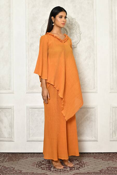 Aryavir Malhotra_Orange Pleated Georgette Solid Ruffled Neck Asymmetric Kurta And Flared Pant Set_Online_at_Aza_Fashions