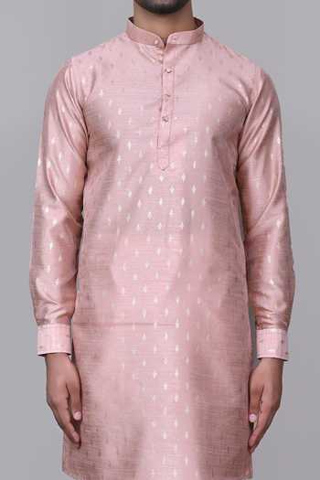 Shop_Arihant Rai Sinha_Peach Silk, Cotton Foil Print Kurta Set _Online_at_Aza_Fashions
