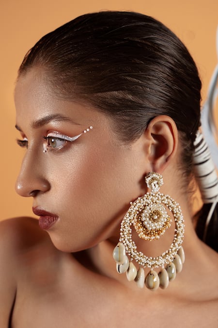 Kanyaadhan By Dhirajaayushi Gold Plated Sequins, Beads, Metallic Thread Shell Drop Earrings Online at Aza Fashions Kanyaadhan By Dhirajaayushi_Gold Plated Sequins, Beads, Metallic Thread Shell Drop Earrings _Online_at_Aza_Fashions