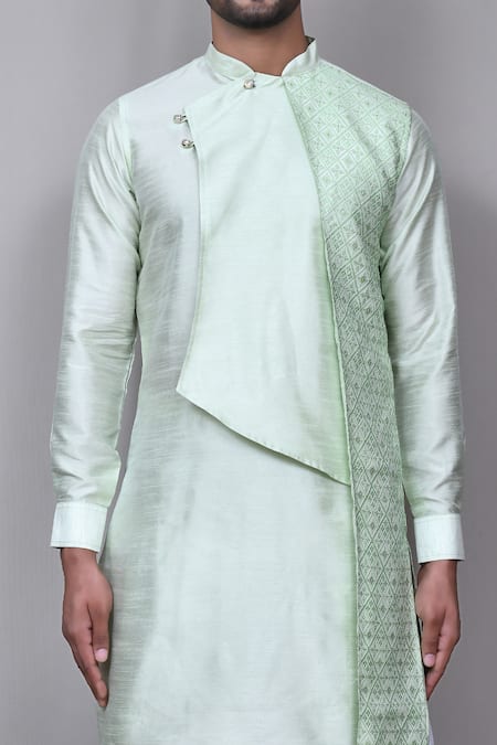 Shop_Arihant Rai Sinha_Green Silk, Jacquard Metallic Thread Asymmetric Kurta Set _Online_at_Aza_Fashions