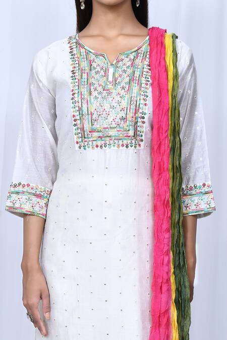 Shop_Arihant Rai Sinha_Cream Kurta Modal Chanderi Silk Embroidered Floral Notched Set_Online_at_Aza_Fashions