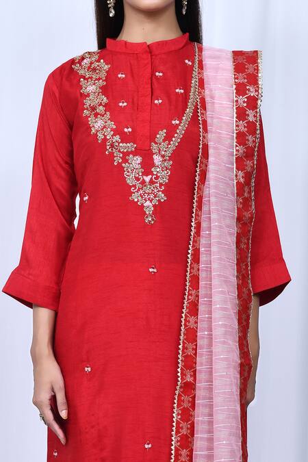 Shop_Adara Khan_Red Floral Embroidered Kurta Set_Online_at_Aza_Fashions