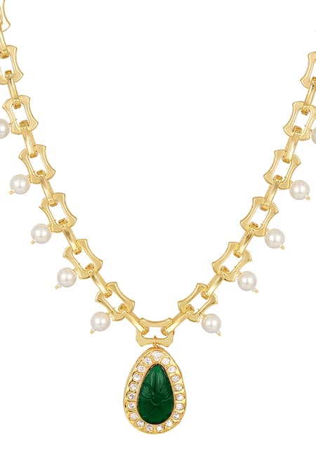HRISHA_Gold Plated Onyx Stone Embellished Pendant Necklace _Online_at_Aza_Fashions