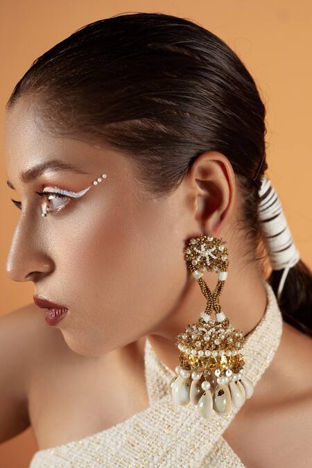 Kanyaadhan By Dhirajaayushi_Gold Plated Sequins, Beads, Metallic Thread Shell Embellished Jhumkas _Online_at_Aza_Fashions