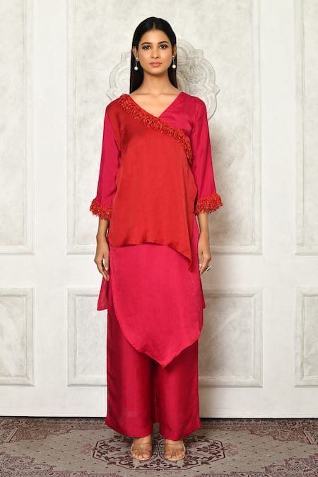 Buy_Aryavir Malhotra_Red Silk Ruffled Neck Layered Kurta And Pant Set_Online_at_Aza_Fashions