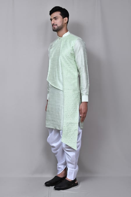 Arihant Rai Sinha Green Silk, Jacquard Metallic Thread Asymmetric Kurta Set Online at Aza Fashions Arihant Rai Sinha_Green Silk, Jacquard Metallic Thread Asymmetric Kurta Set _Online_at_Aza_Fashions