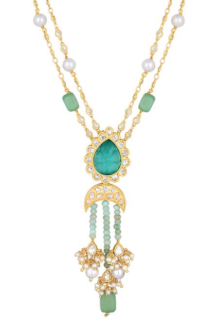 HRISHA_Gold Plated Agates Kundan Embellished Long Necklace_Online_at_Aza_Fashions