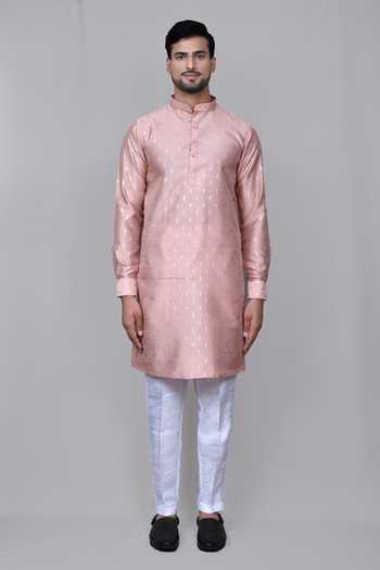 Buy_Arihant Rai Sinha_Peach Silk, Cotton Foil Print Kurta Set _Online_at_Aza_Fashions
