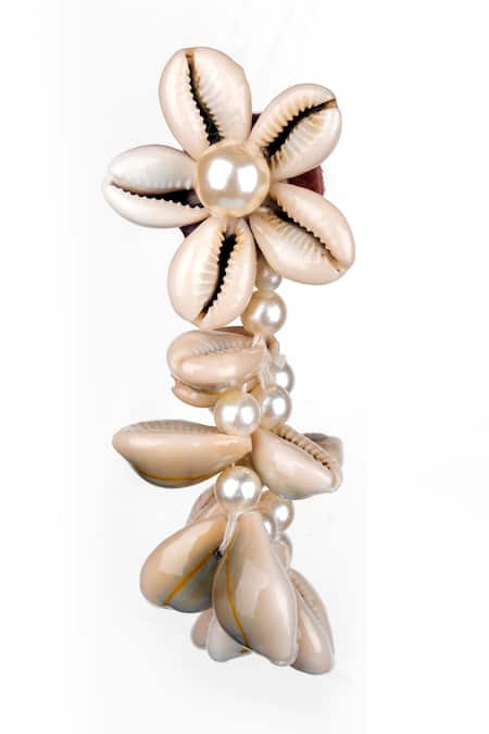 Kanyaadhan By Dhirajaayushi_White Beads Shell Embellished Dangler Earrings _Online_at_Aza_Fashions