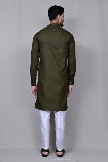 Shop_Samyukta Singhania_Green Kurta Cotton Linen Plain Set_at_Aza_Fashions