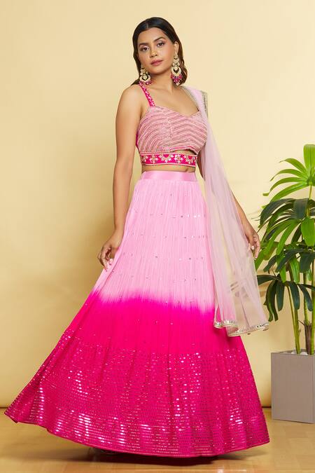 Buy_Samyukta Singhania_Pink Georgette, Net Mirrors, Embroidery Sweetheart Ombre Pleated Lehenga Set_Online_at_Aza_Fashions