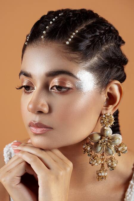 Kanyaadhan By Dhirajaayushi_Gold Plated Beads Floral Shell Embellished Earrings _Online_at_Aza_Fashions
