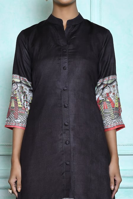 Buy Black Cotton Silk Madhubani Mandarin Collar Pattern Border 