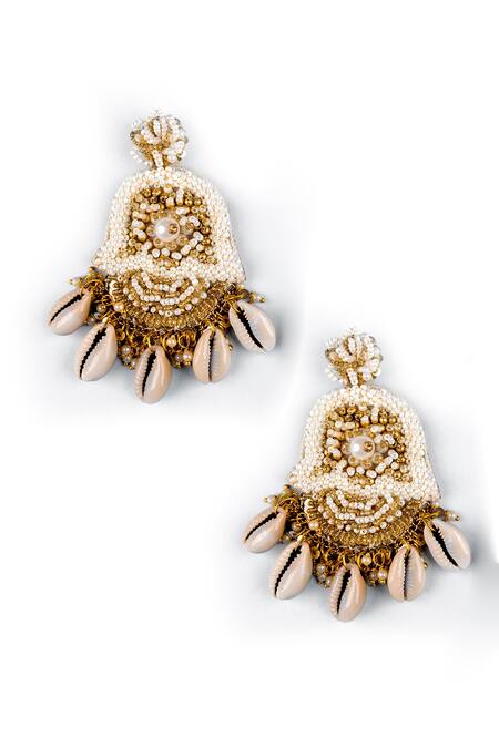 Shop_Kanyaadhan By Dhirajaayushi_Gold Plated Beads Shell Drop Embellished Earrings _at_Aza_Fashions