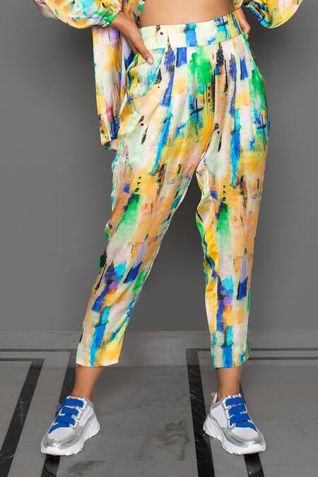Redefine_Yellow Cotton Silk Printed Canvas Capri Pant _Online_at_Aza_Fashions