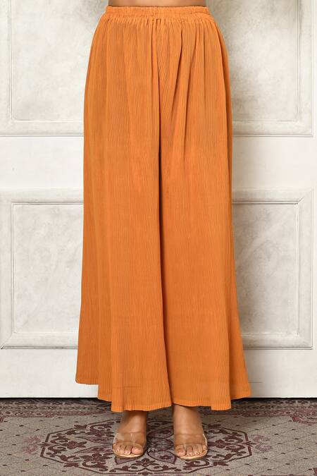 Aryavir Malhotra_Orange Pleated Georgette Solid Ruffled Neck Asymmetric Kurta And Flared Pant Set_at_Aza_Fashions